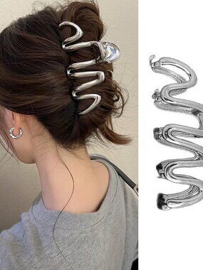 NEW Hair Clip Chunky Wave Design Hair Claw Clips Metal Silver Accessory Cute!